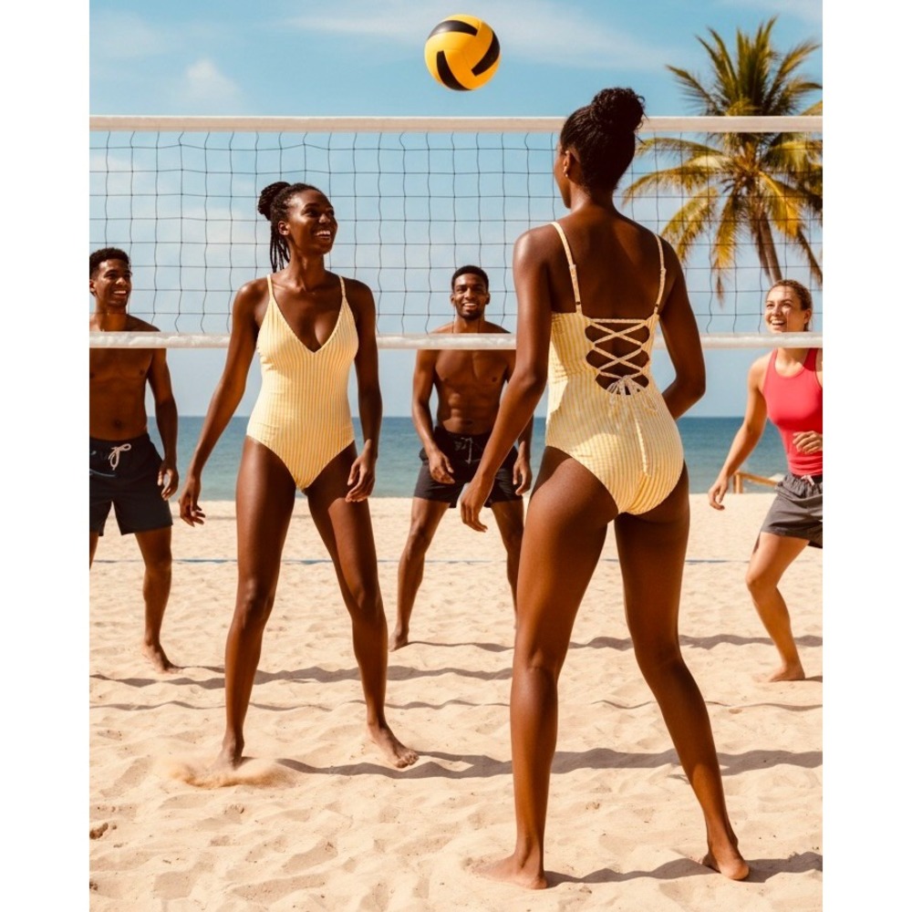 NWT Abercrombie & Fitch Yellow Seersucker Lace Up Cheeky‎ Swimsuit  Sunkissed